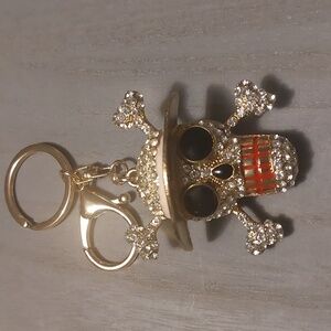 Gold Toned Skull Crossbones Clear Rhinestone Goth Anime Key Chain Bag Charm